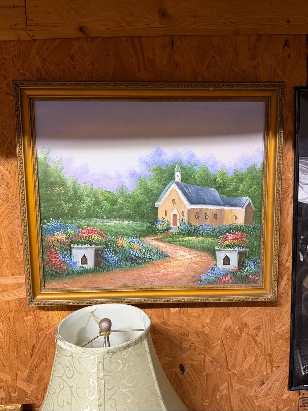 Framed Country Church Landscape Painting in Gold Frame